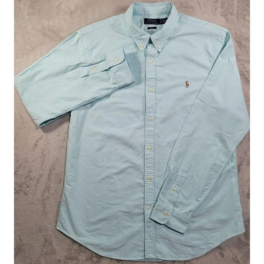 Polo Ralph Lauren Shirt Mens XL Blue Solid Long Sleeve Button Down Slim Fit